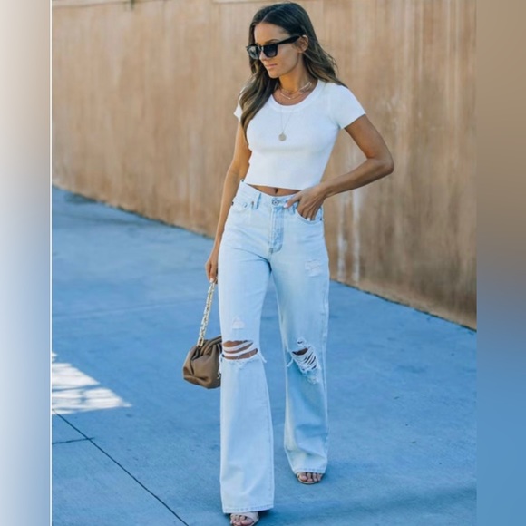 Vici London High Rise 90s Style Distressed Light Wash Denim Flare Wide Leg Jeans - Picture 5 of 9